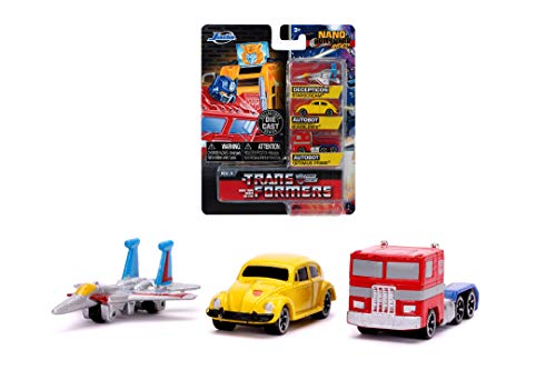 Jada Toys Transformers 253111005 - Juego de 3 Coches coleccionables Nano Optimus Prime, Starscream, G1 Bumblebee Volkswagen Beetle, 4 cm, a Partir de 8 años